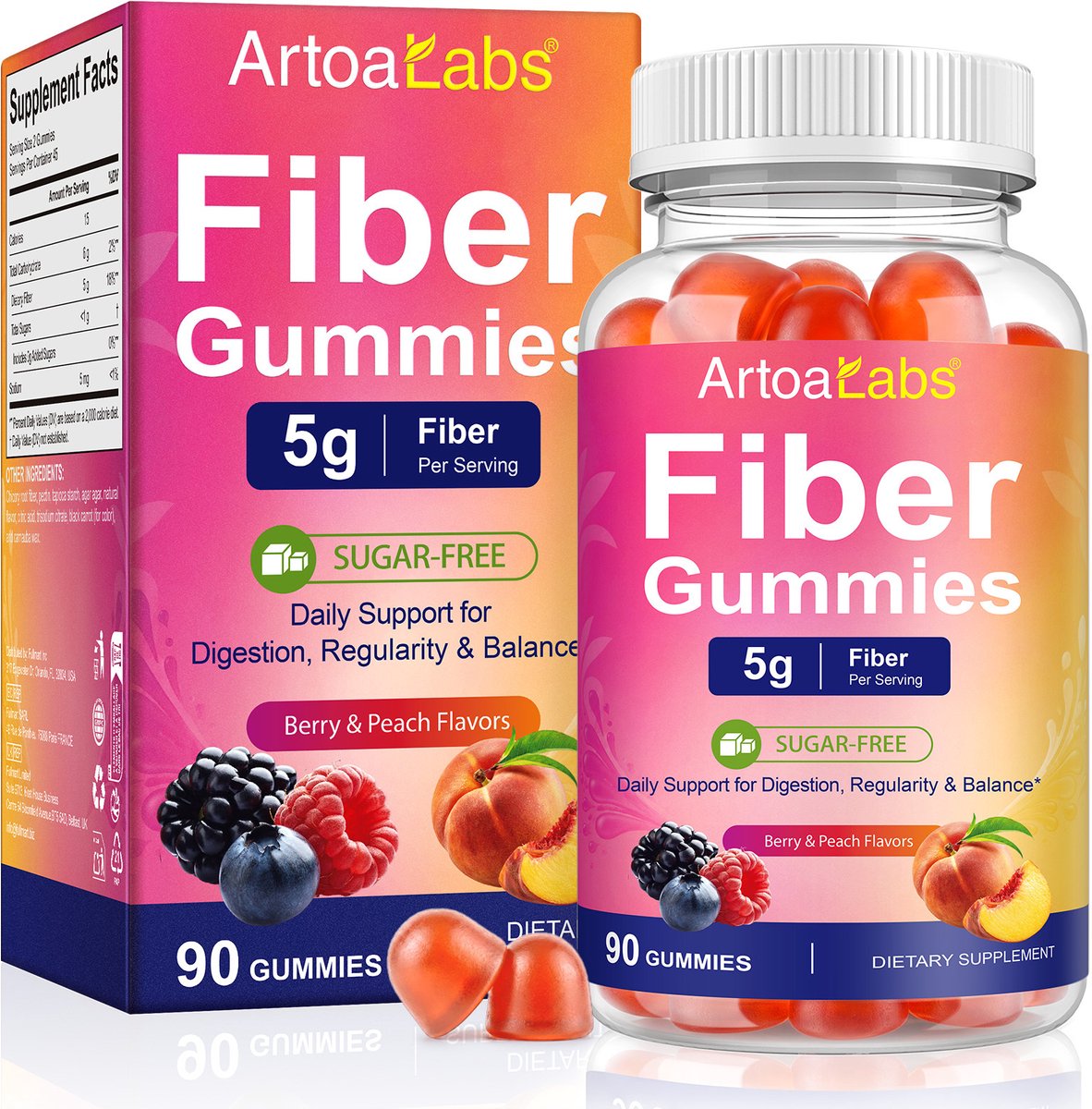 Vezel Gummies – 90 stuks – 5g Vezels per Portie – Vegan – Bessen & Perzik – ArtoaLabs