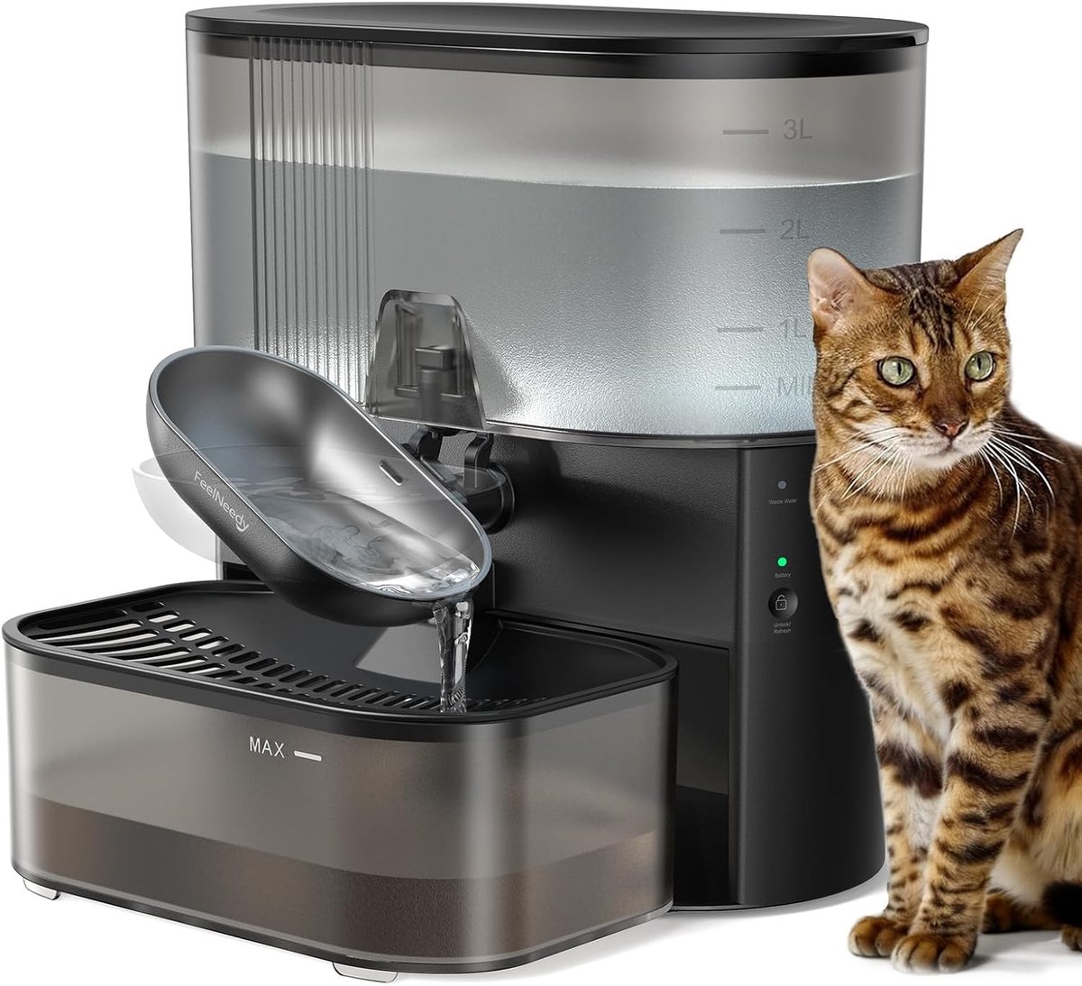 Binnenfontein - Zwart - 3,5 Liter - Roestvrijstalen Kom - Filterloze Draadloze Katten Drinkfontein