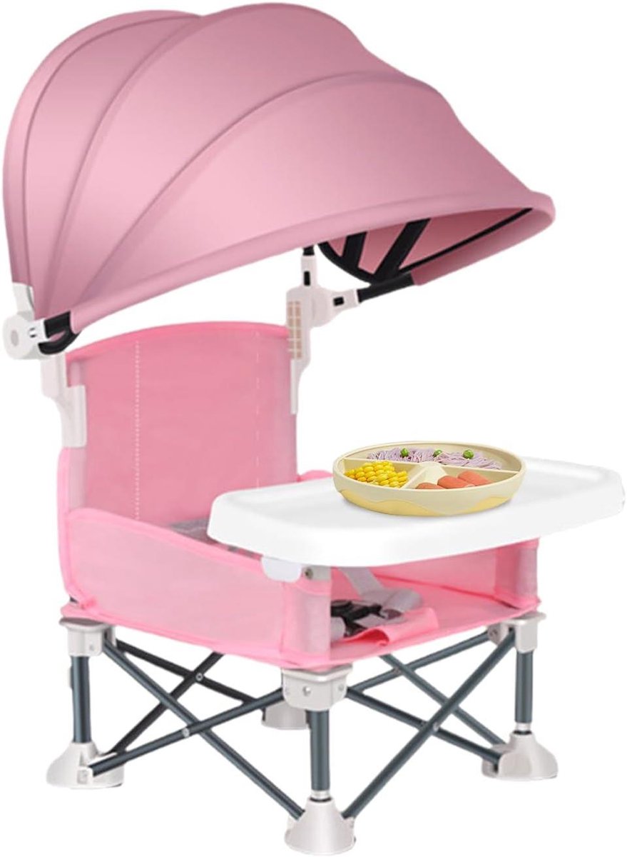 Baby Eetstoel - Reisstoel Dreumes - Buiten Eten - Opvouwbaar Met Luifel - 39 x 39 cm - Roze