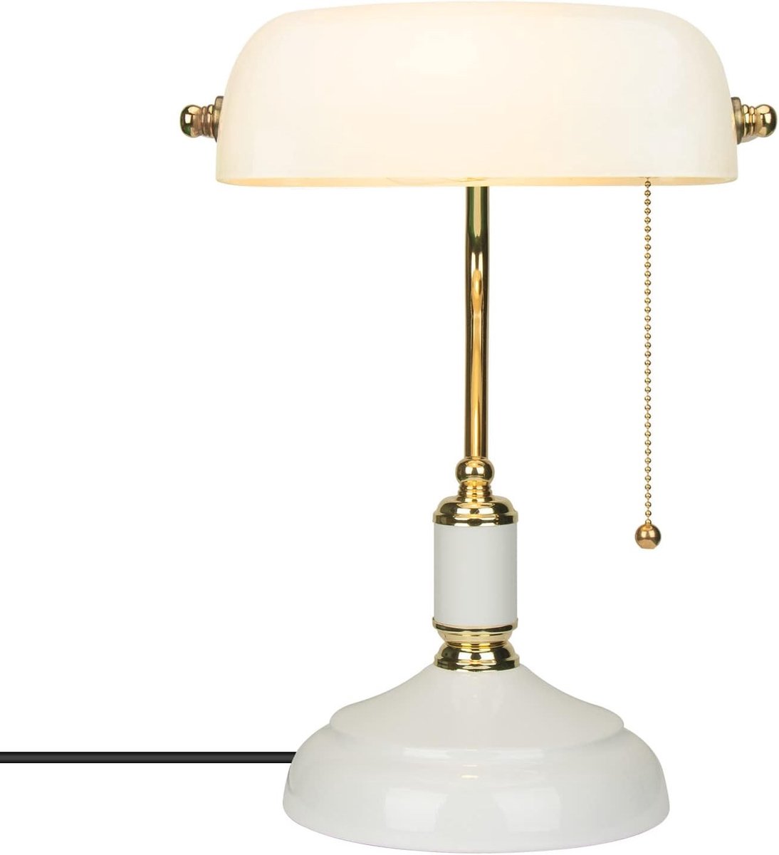 Bankierslamp - Wit - 38 cm - Glazen Kap met Messing Voet - Vintage Bureaulamp voor Kantoor en Studiekamer