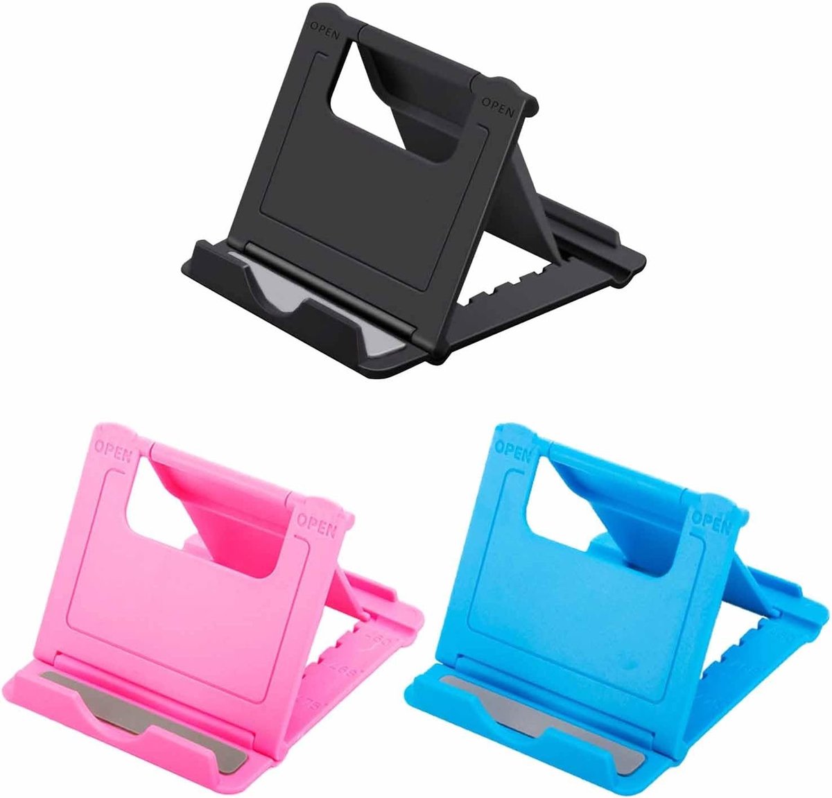 Verstelbare en Opvouwbare Telefoonhouder Set van 3 met Meerdere Hoeken en Antislip Basis - Draagbare Desktop Houder voor Mobiele Apparaten, Tablets en E-Readers (Compact en Ruimtebesparend Ontwerp)