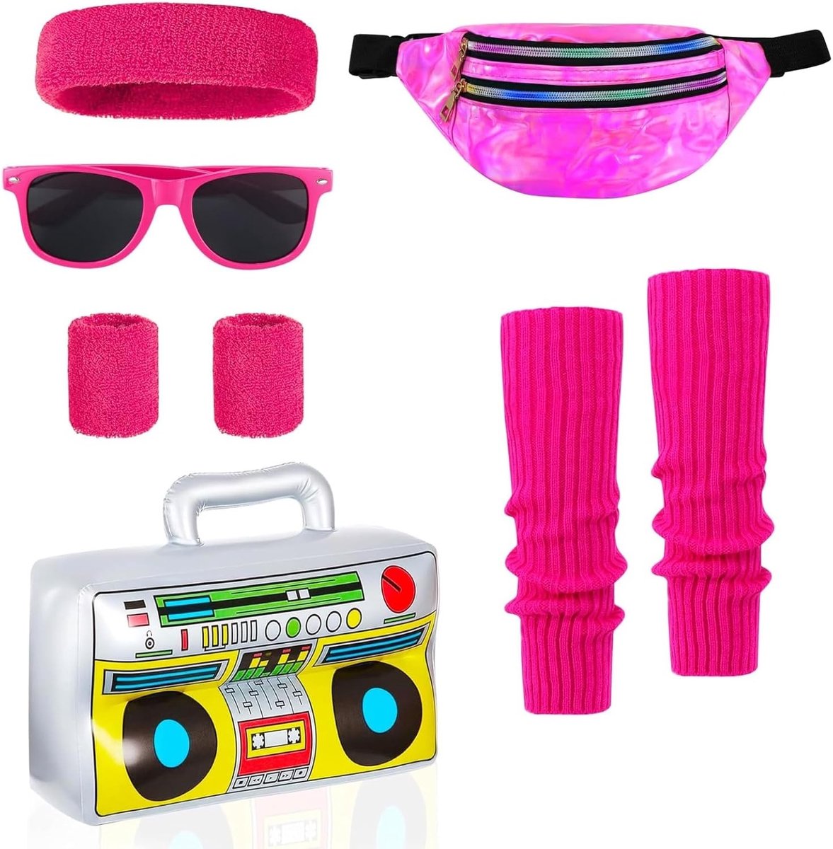 Carnaval Outfit voor Vrouwen met Buiktas, Hoofdband, Beenwarmers, Armbanden, Zonnebril en Oorbellen in Neon Roze