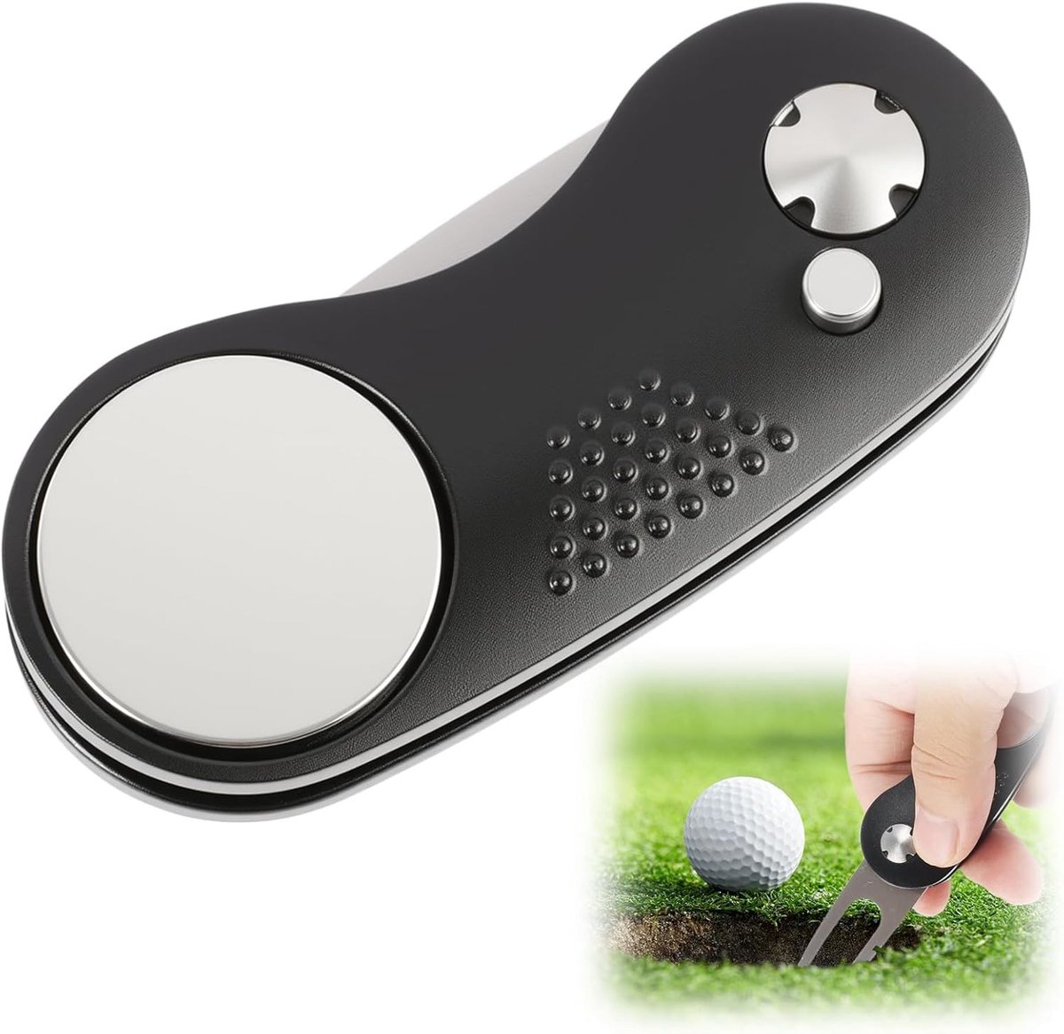 Opvouwbare Pitchfork voor Golf met Balmarker en RVS en Aluminium Hoedclip - Ideaal voor het Repareren van Pitchmarks op de Green, Draagbaar Golf Gereedschap voor Spelers