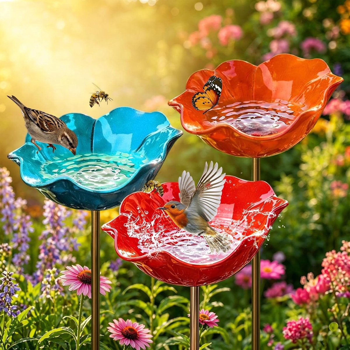 Set van 3 Metalen Vogelbaden in Bloemvorm, Kleurige Tuinaccessoires voor Vogels, Winterbestendig en Ideaal voor Insecten zoals Bijen en Vlinders