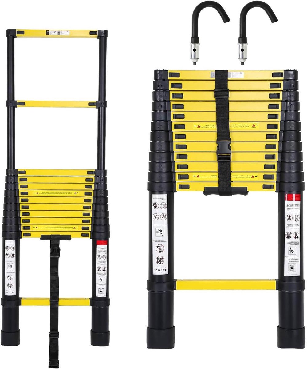 Telescopische Ladder - Uittrekbare Ladder Opvouwbare Ladder - Kluswerk Binnen Buiten - Met Afneembare Haken - 38 meter - Zwart