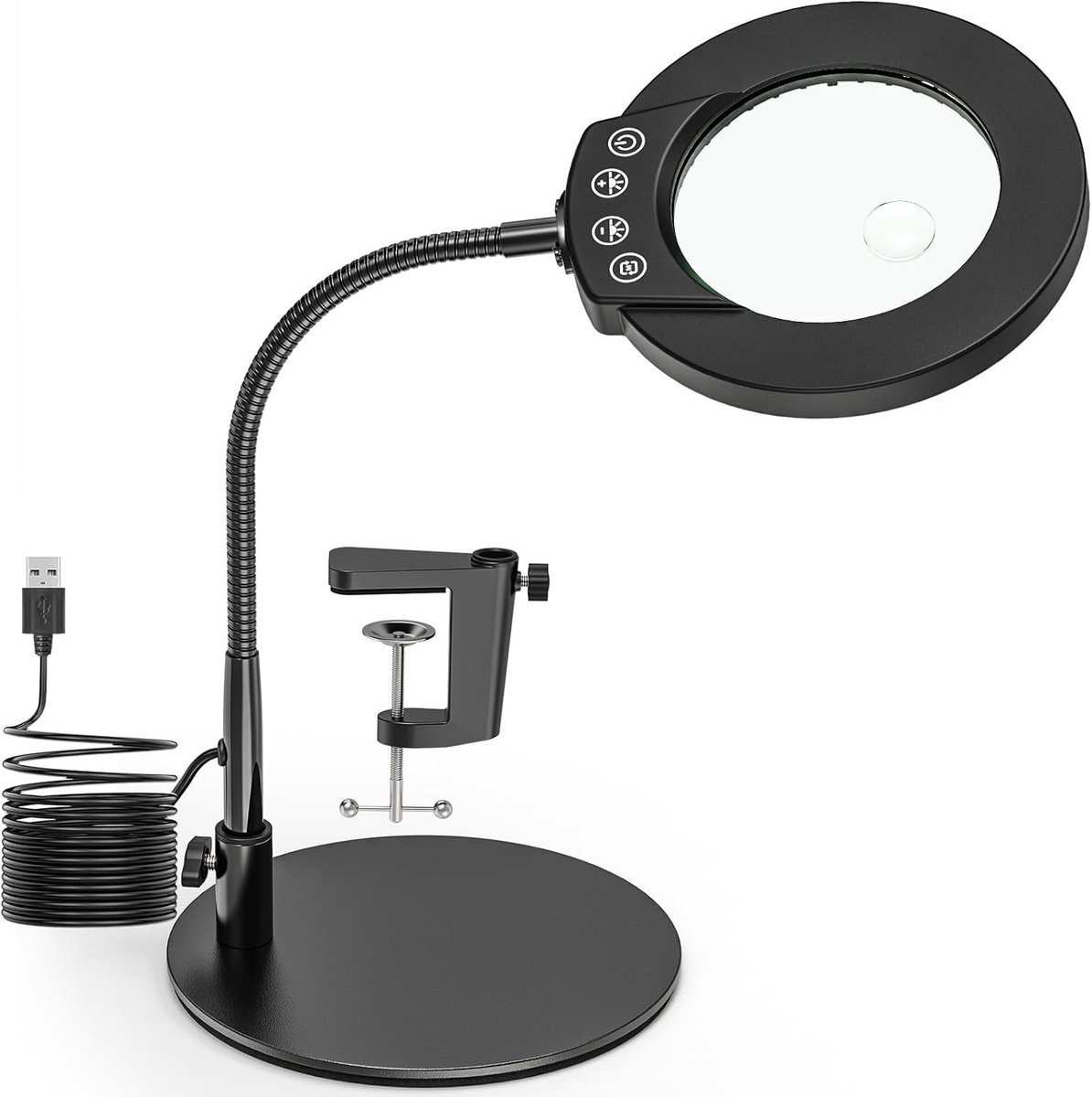 Verstelbare Loep met Verlichting en Stand, 10x 15x LED Desk Loep met Klem en Basis, Ideaal voor Knutselen, Lezen en Reparaties met Dimbare Kleuren