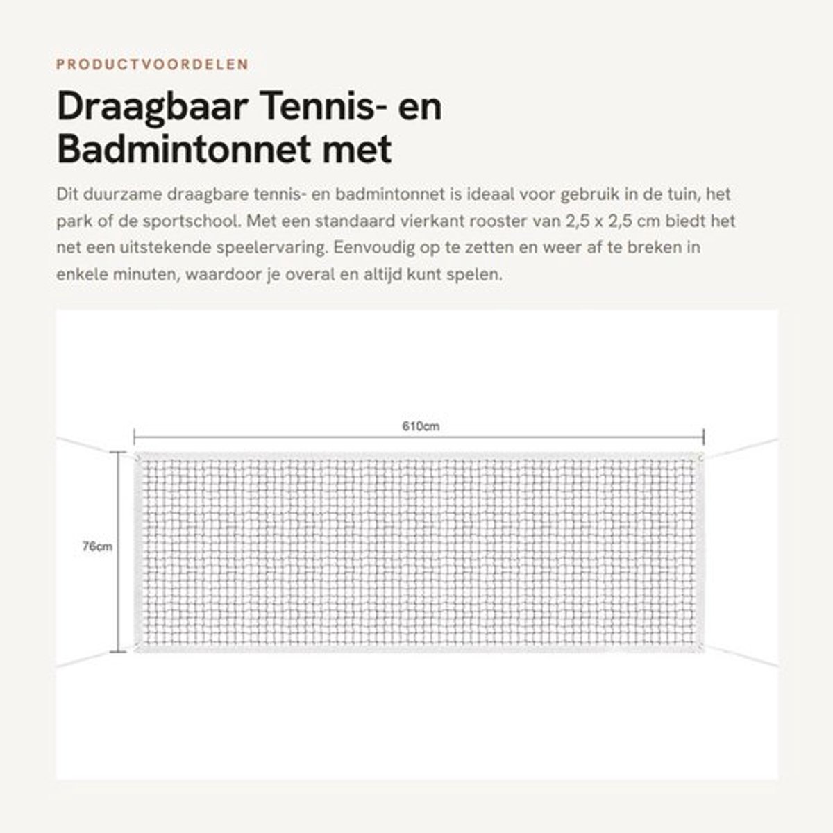 Tennisnet Draagbaar - Badmintonnet - Volleybalnet - Outdoor Net - Knooploos - 6,1 m x 0,76 m - Eenvoudige Montage