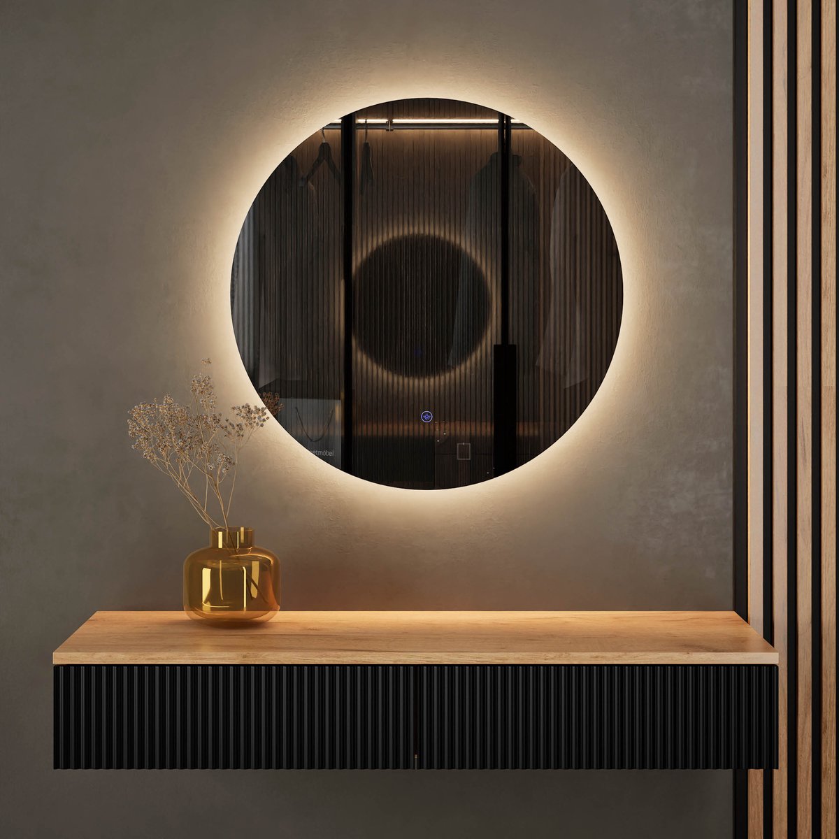 Planetmöbel AMYRA Wandconsole 100 cm – Goud Eiken/Zwart – NOVA LED Spiegel 60 cm – Dimbaar – Touchbediening