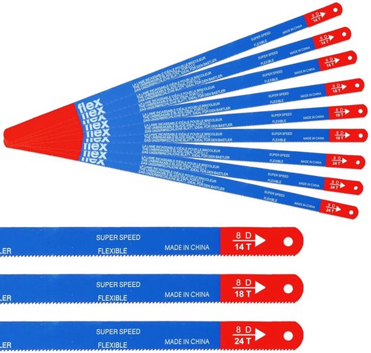 SnelShoppen - 30 Stuks Metalen Zaagblad 300mm, Bi-Metaal Handzaagbladen, Hacksaw Blades, 10 x 14 Tpi, 10 x 18 Tpi, 10 x 24 Tpi, Flexibel en Duurzaam