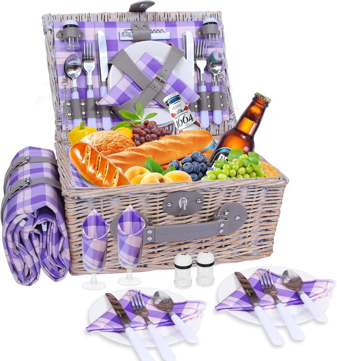 Picknickrugzakset - Paars geruit - Voor 4 Personen - Met Waterdichte Picknickdeken en Bestekset - Voor Outdoor Activiteiten
