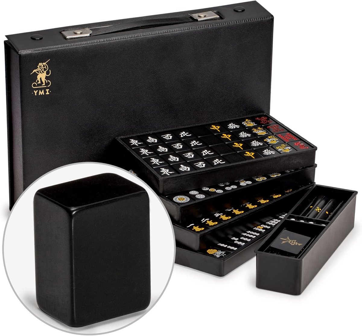 Pokerset - Zwart - Standaard Formaat - Melamine Mahjong Speelstenen met Vinyl Etui - Voor Riichi Mahjong Spelers