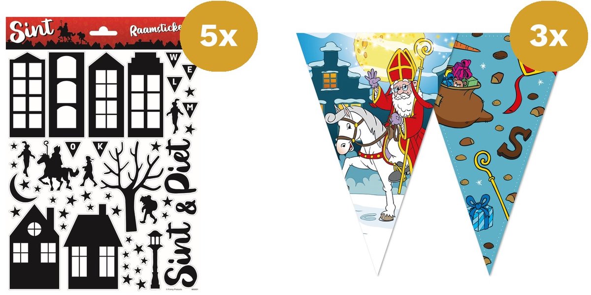 Sinterklaas Versiering Raampakket Groot - 5x Raamstickers A4 & 3x Vlaggenlijn 10m - Straatversiering