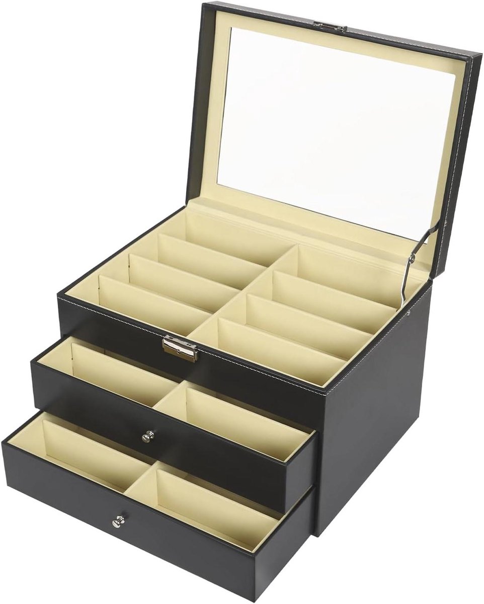 Brillendoos Opberger - Zonnebrillen Presentatie - Orde Houden - 24 Vakken - 34 x 25 x 19 cm - Zwart