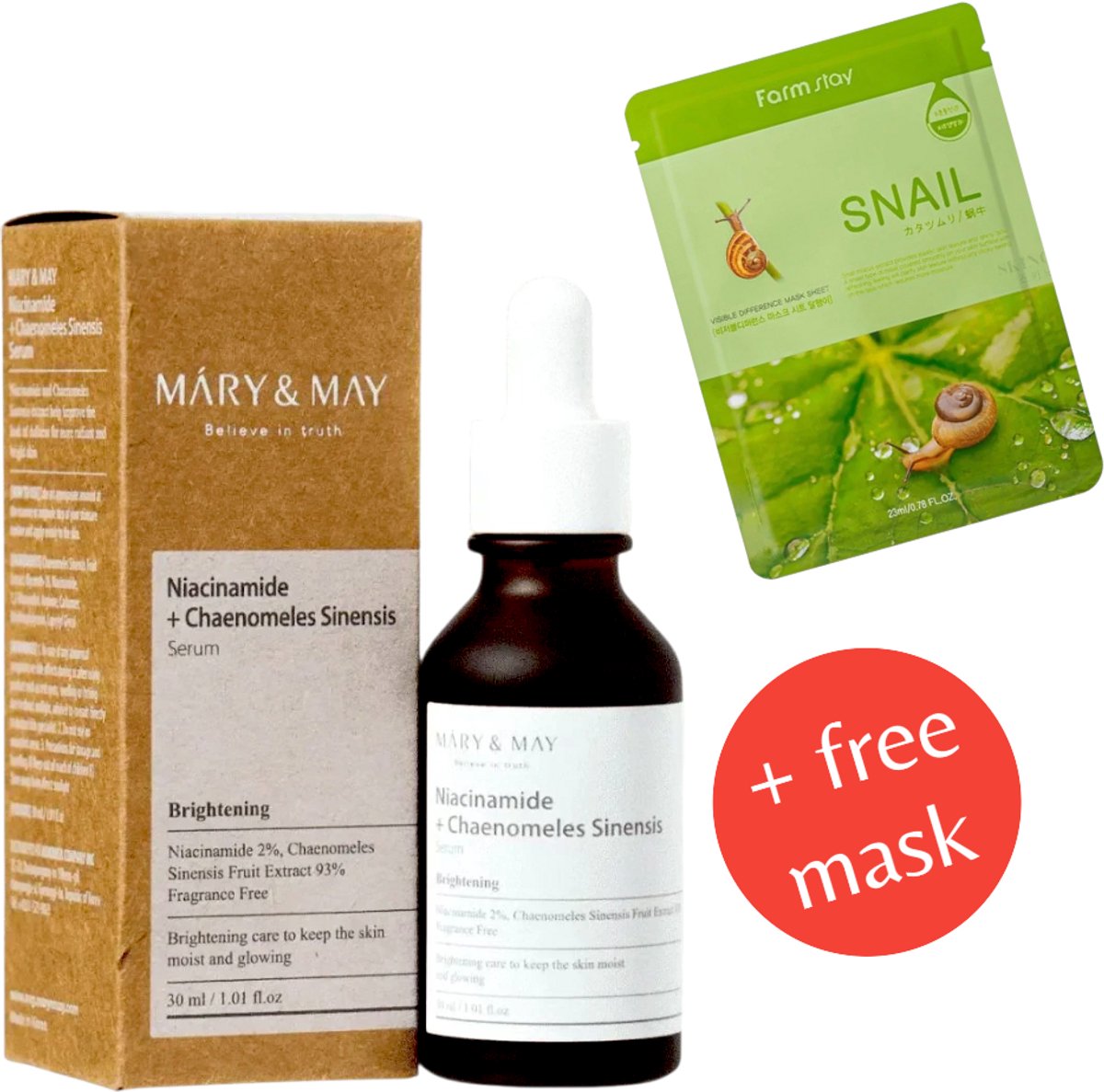 Mary & May - Niacinamide + Chaenomeles Sinensis Serum 30 ml + Gratis Farm Stay Snail Sheet Mask-bundel