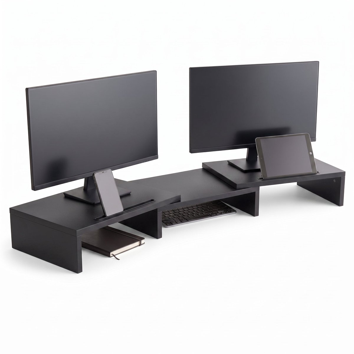 Cheqo® Monitor Standaard - Monitorstandaard - Monitor Verhoger - Beeldschermverhoger voor 2 Schermen - Verstelbaar en Uitschuifbaar - Bureau Organizer - Laptop Standaard - Bureauverhoger - Ergonomisch - Telefoonhouder - Kabelmanagement - Zwart