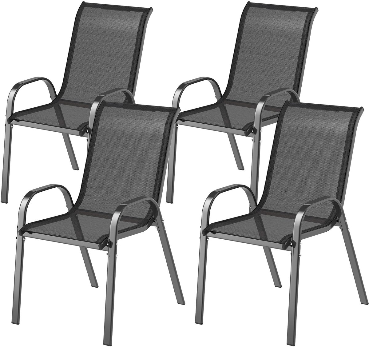 Set van 4 stapelbare tuinstoelen met hoge rugleuning, ademende mesh-bekleding en stalen frame, 54 x 71 x 93 cm, zwart