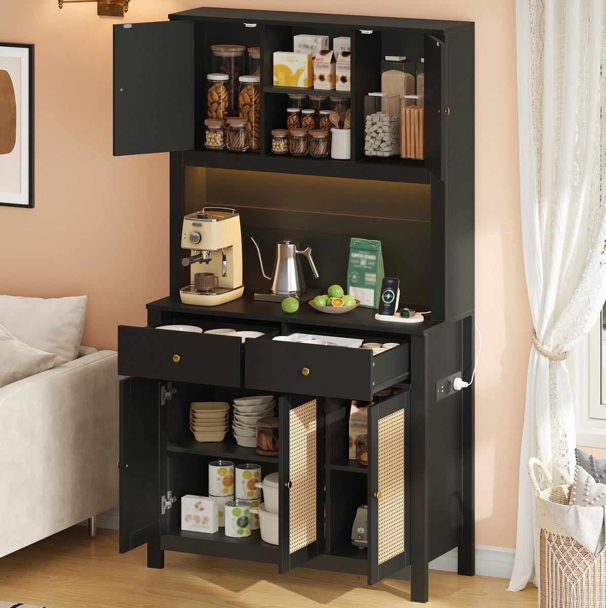 Wishdor Keukenkast - Hoge opbergkast - RGB-ledverlichting - Stopcontacten - 5 rotan deuren - 2 lades - MDF - Zwart - 100 x 40 x 180 cm