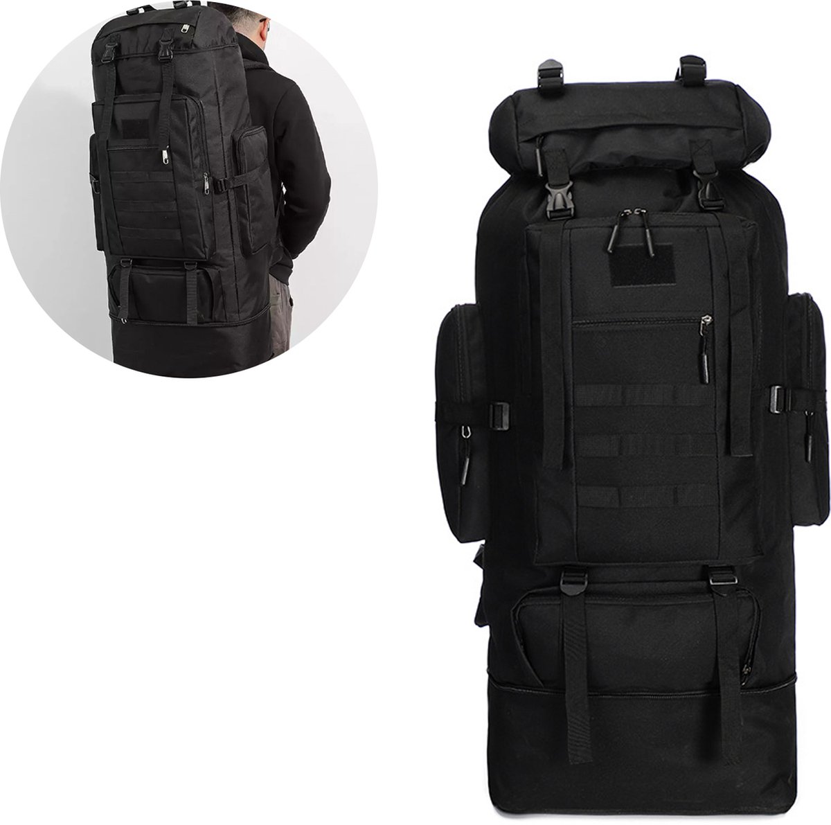 MODFU Grote Outdoor Rugzak / Backpack – 70-100L Uitbreidbaar – 90x40x30 cm – Waterdicht 600D Oxford – Met Laptopvak – Voor Kamperen, Hiking & Reizen – Zwart