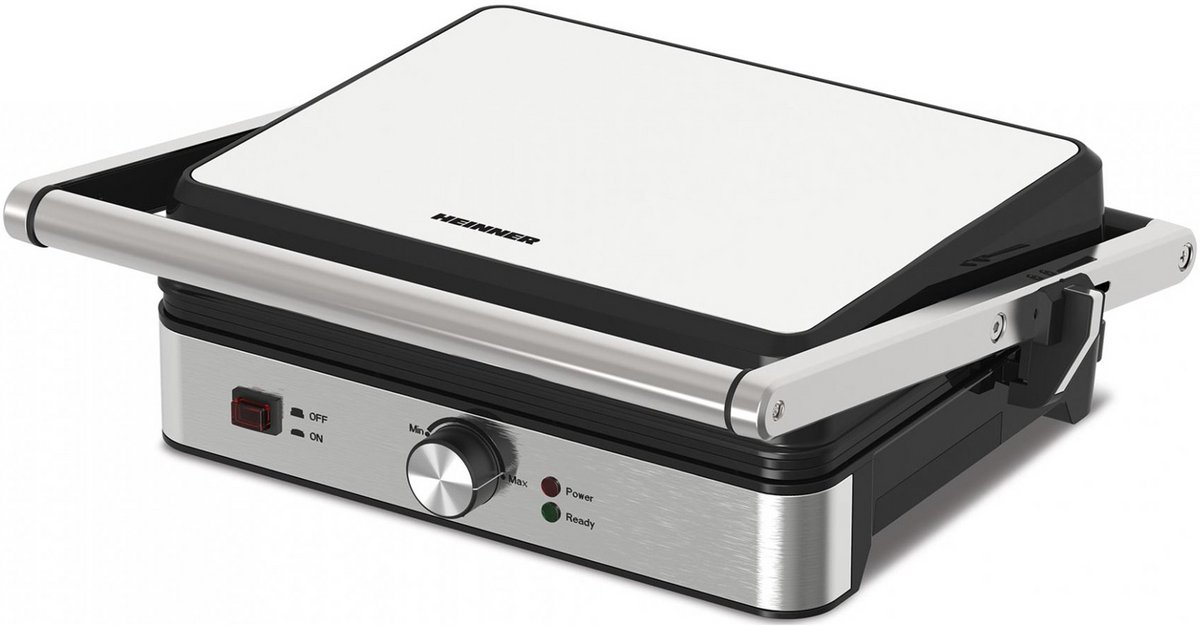 Heinner Elektrische Contactgrill – 2000 W – Grillplaten 30 × 24,9 cm – Antiaanbaklaag – 180° Openklapbaar – Verstelbare Temperatuur – Vetopvangbak – RVS/Zilver