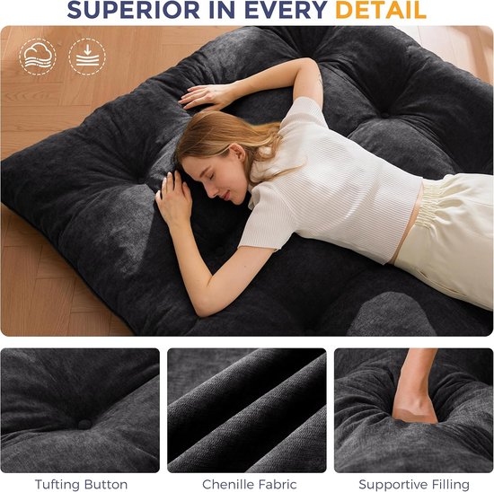 Futon Matras - Vloermatras Gastenmatras - Comfortabel Slapen - Handgeknoopt Ontwerp - 15 cm Dik - Zwart — afbeelding 5