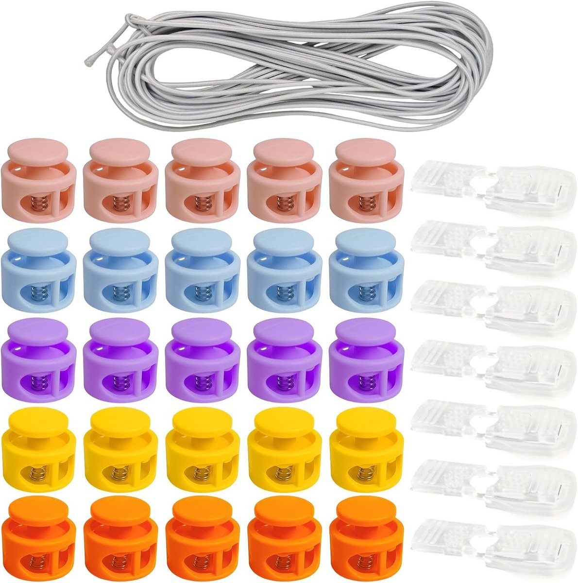 25 Plastic Koordsluitingen met 10 Meter 3mm Witte Elastische Koorden voor Touwtjes, Schoenveters en Rugzakken