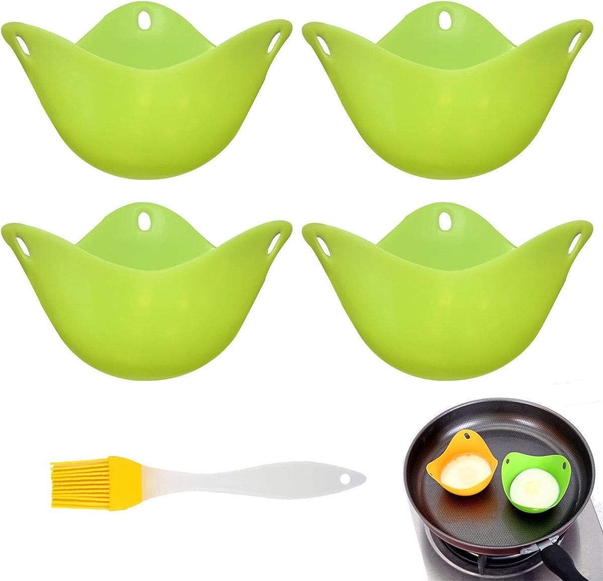 Eierkoker - Geel - Set van 5 Siliconen Cups met Oliekwast - Herbruikbare Pocheerhouder voor Airfryer en Magnetron