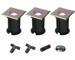 HOFTRONIC SMART Set van 3 Ramsay Smart Grondspots buiten - Vierkant - 5,5W 400lm - RGBWW - Wifi + Bluetooth - Inclusief installatiemateriaal (Kabel & connector)