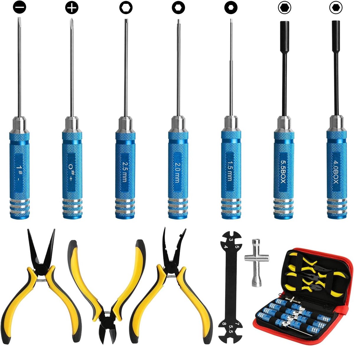 Rc vliegtuig - Blauwe Meer - 12-delige Gereedschapsset - Stalen Schroevendraaiers en Tangen - Voor RC-modelreparatie