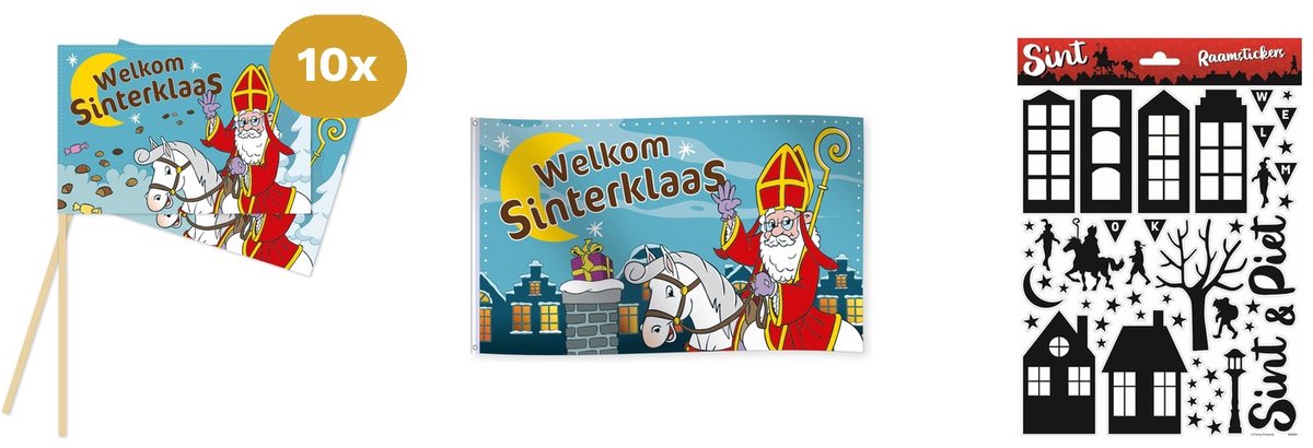 Sinterklaas Versiering Raamdecoratie - 10x Zwaaivlaggetjes, Gevelvlag 150x90cm & Raamstickers A4 - Intocht Versierset