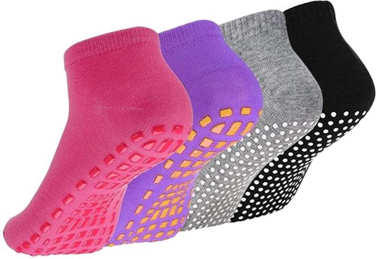 GWAWG 4 paar antislip yogasokken pilates trampoline sokken vrouwen mannen antislip bodem geschikt voor ziekenhuizen, beweging, yoga, ballet, trampoline, sport, ROZE PAARS ZWART GRIJS, M