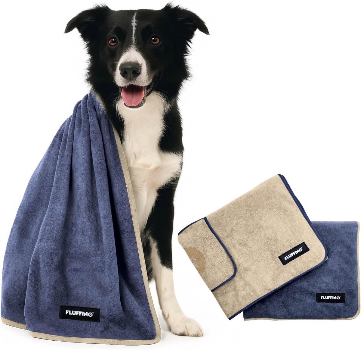 Hondenbadjas maat L - Beige en blauw - 120 x 70 cm - Microvezel hondenhanddoeken - Voor middelgrote en grote honden