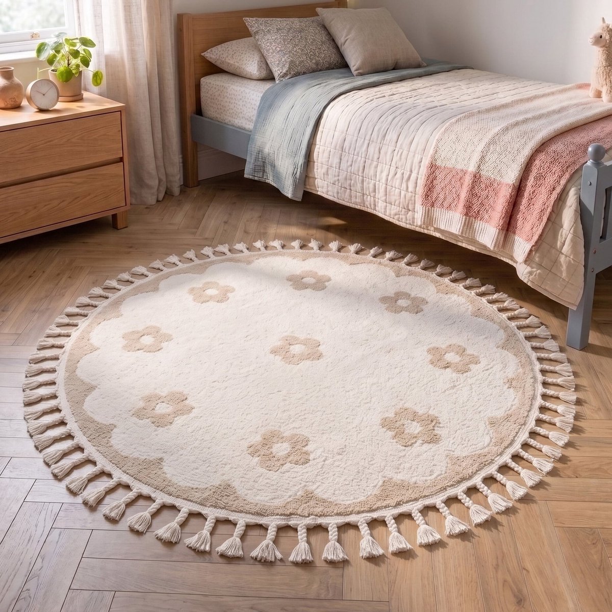 Little Olly Rond wasbaar kindervloerkleed - Moos Flower Creme - Ø 160cm