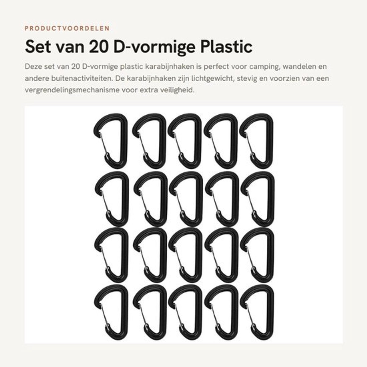 Karabijnhaak 20 stuks - D-vormige Kunststof - Vergrendelingsgesp - Lichtgewicht - Voor Camping/Wandelen - Met Borging - Clips