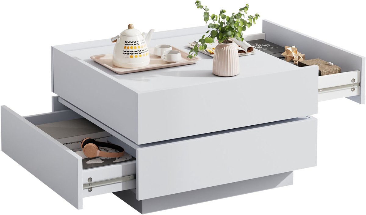 DESMIU Salontafel - 360 Graden Draaibaar Met 2 Lades En Opbergruimte - Voor Woonkamer En Lounge - Spaanplaat - Wit - 60 X 60 X 38 Cm
