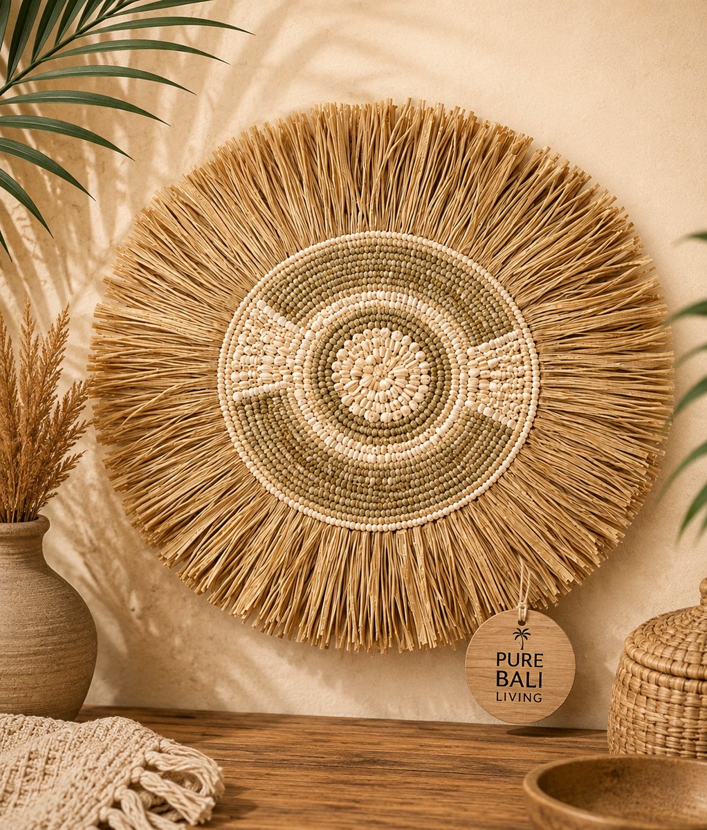 Wanddecoratie – Wandbord Naturel & Crème – Halfrond Patroon – Boho Muurdecoratie – Handgemaakt in Bali – Ø45 cm – Pure Bali Living