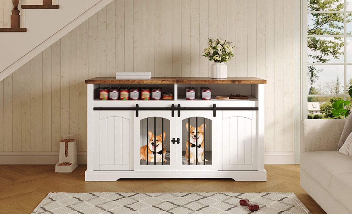 Hondenbench – Schuifdeur Met Slot – 153 x 60 x 85 cm – MDF En Metaal – Wit – Met Scheidingswand