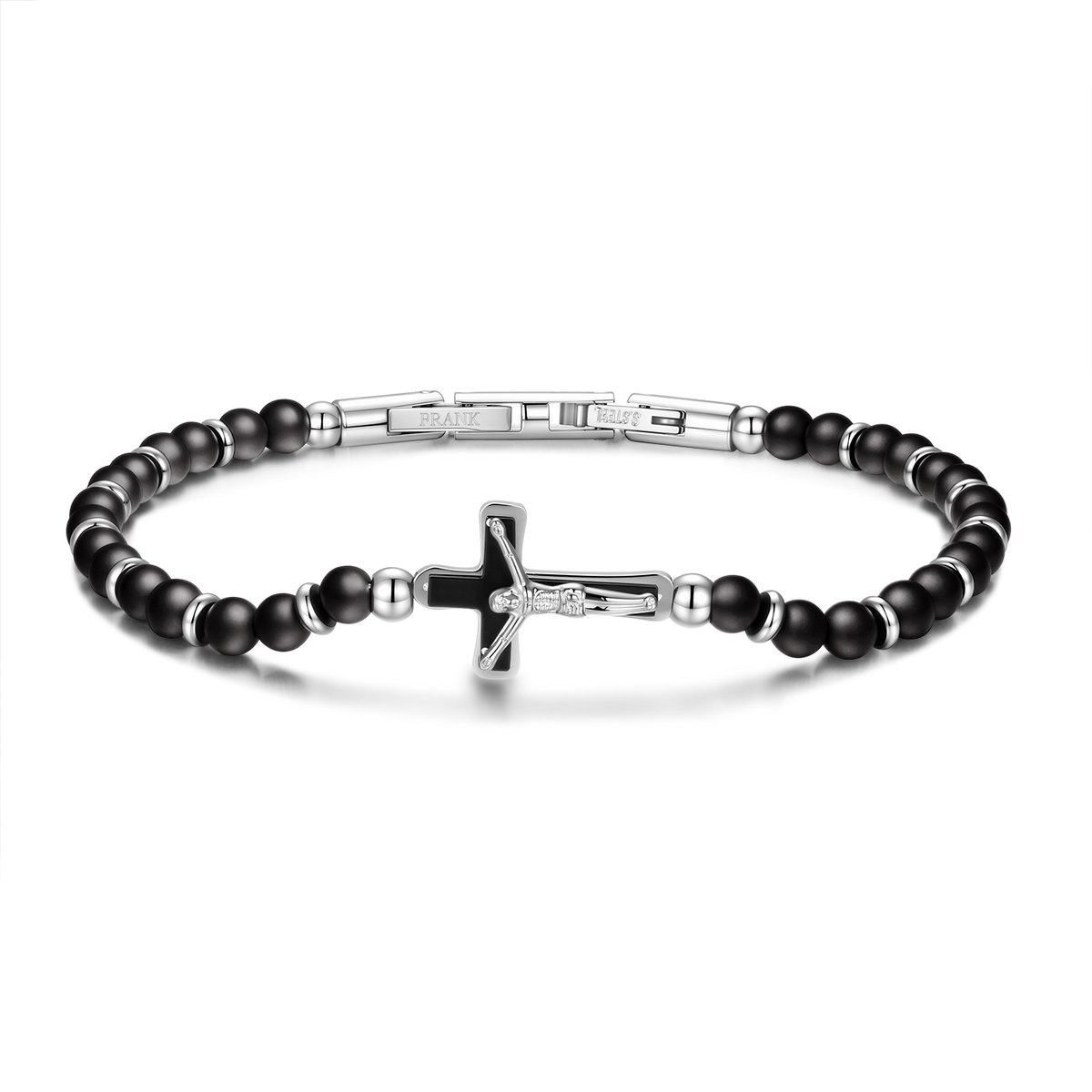 Frank 1967 7FB-0868 – Heren Armband – Natuurstenen Armband – Zwarte Agaat – Kruis – 21 cm – Cadeau voor Mannen