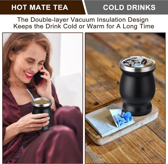 Yashumito Yerba Mate Beker Set - Dubbelwandig RVS 230 ml met 2 Bombilla's en Reinigingsborstel - Groente — afbeelding 5