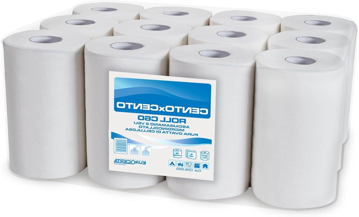 Papieren Handdoeken Rollen - Keukenrol Handdoekrol - Hygiënisch Werken - 100% Pure Cellulose - 12 Rollen 60 Meter - Wit
