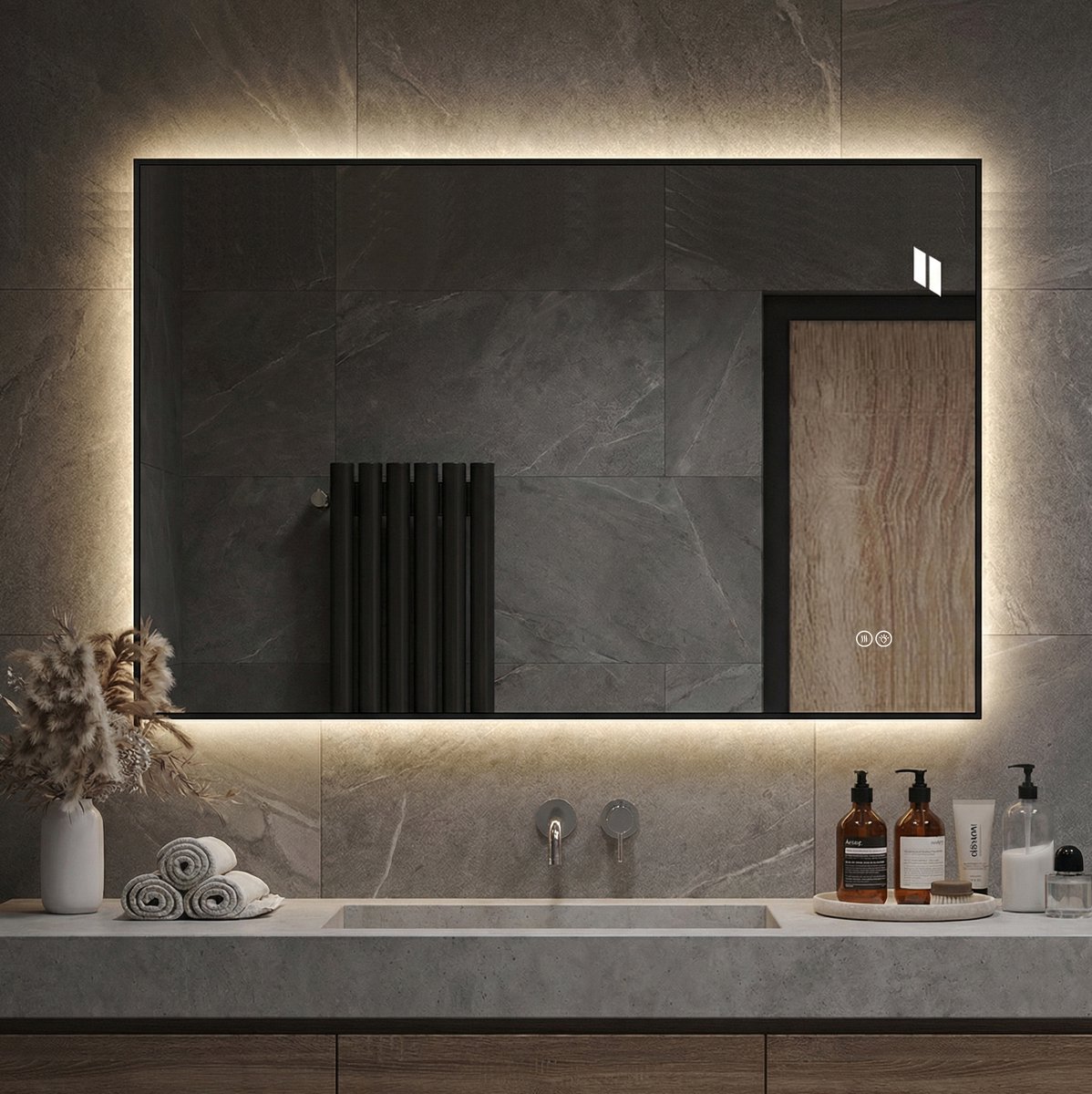 COVREO Wandspiegel 70x50 cm zilver aluminium, LED, anti-condens, badkamer Silver