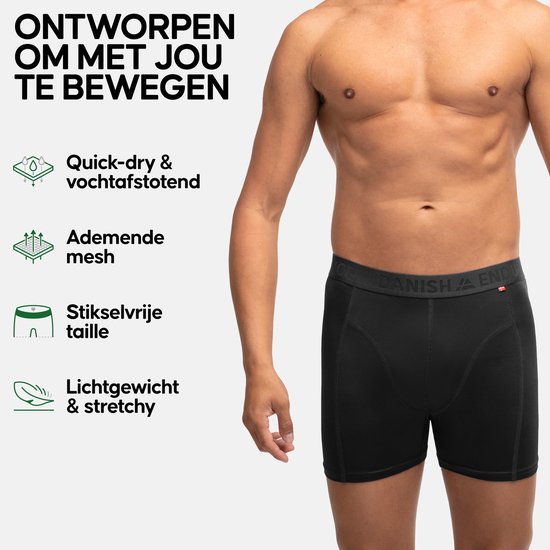 Homme en caleçon noir, avec texte sur séchage rapide, mesh respirant, taille sans couture et léger.