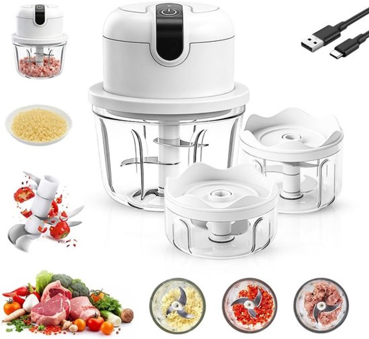 Mini Elektrische Uienhakker, Draadloze Voedselverwerker voor Vlees, Groenten en Fruit, 100+200+350ml, Compact en Multifunctioneel