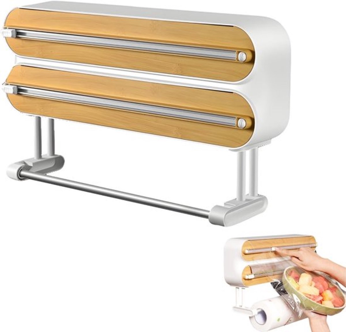 Houten Dispenser voor Vershoudfolie, Universele Keukenrolhouder met Snijmechanisme, Magnetische Filmhouder voor Plastic Folie en Keukenaccessoires