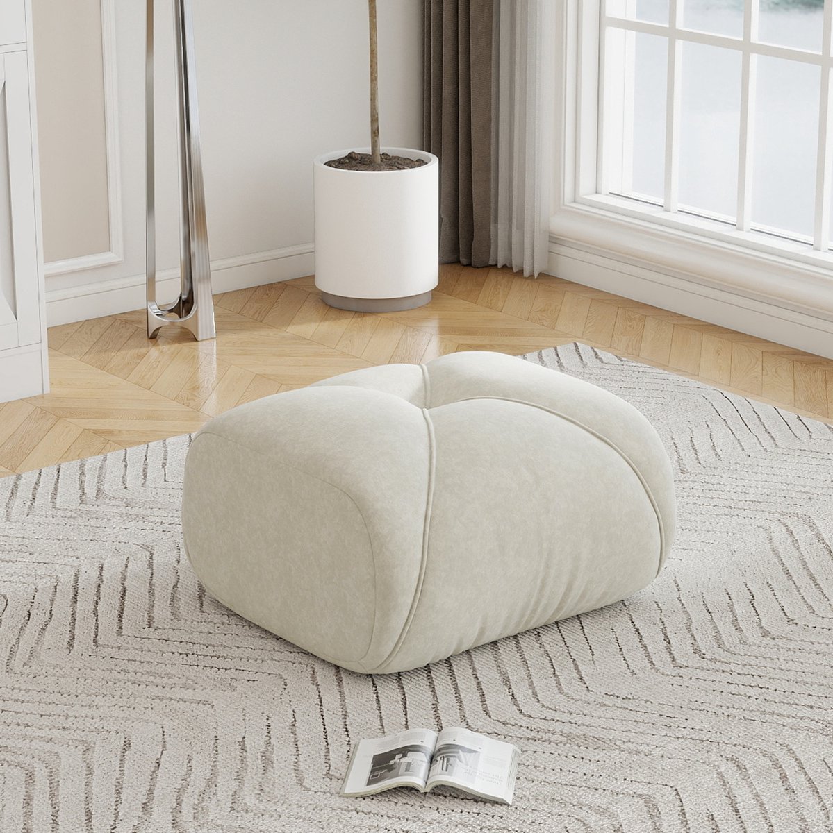 Hocker – Chenille – 78 x 76 x 45 cm – Stof – Lichtbeige – Voor Binnen Zitten – Antislip Onderzijde