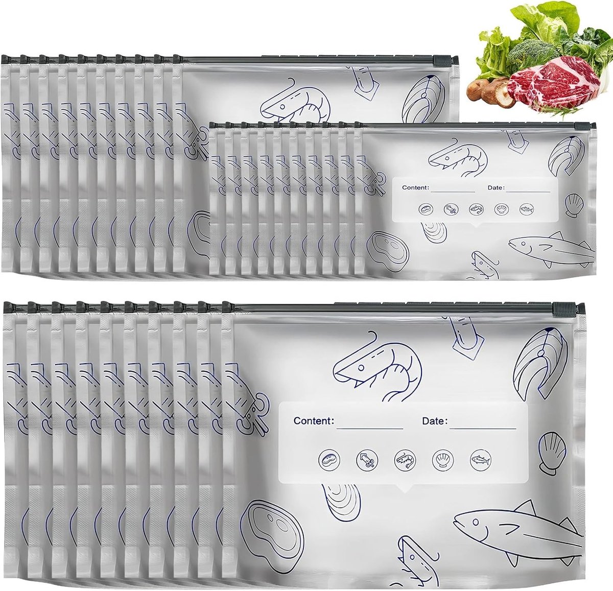 Vrieszakken met Ritssluiting - Aluminiumfolie - Set van 30 Zakjes - Herbruikbare Voedselopslagzakken - Voor Vlees, Groenten en Meer