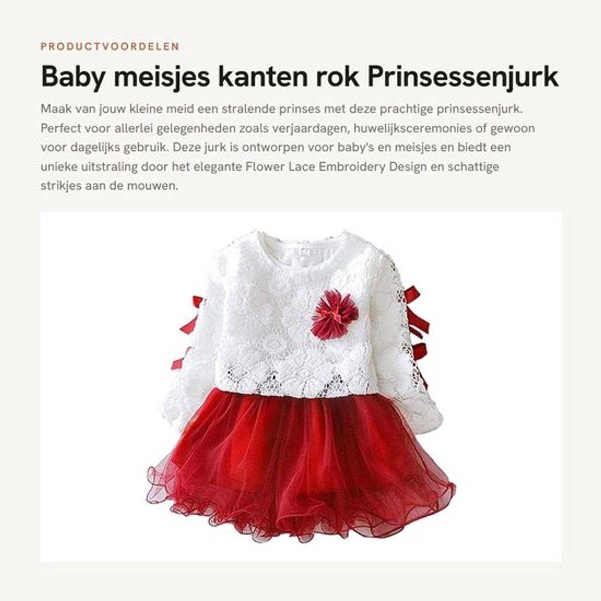 Prinsessenjurk - Katoen/Polyester - Lange Mouw - Strik - Bloemenkant Borduur - Ademend en Zacht - Geschikt voor Feestelijke Gelegenheden - Meisjesjurk