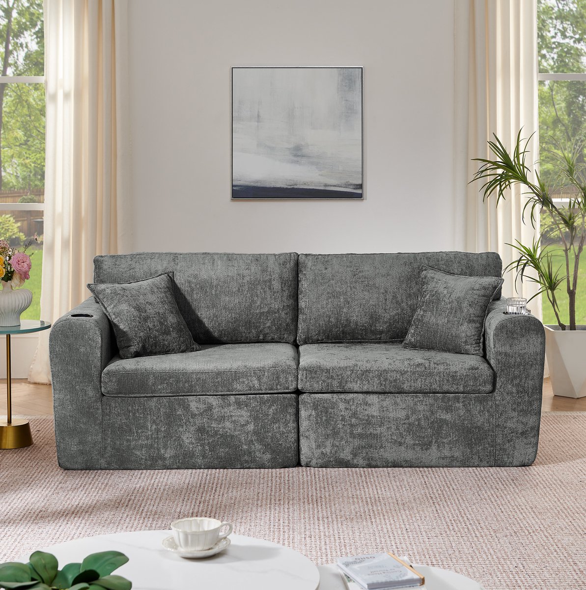 Wishdor 2-zits relaxsofa met opbergtas, bekerhouder en kussens - chenille - grijs - 220 x 89 cm