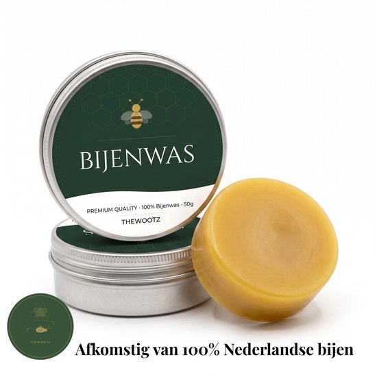 Bijenwas blik met een bij erop, naast een blokje gele bijenwas.