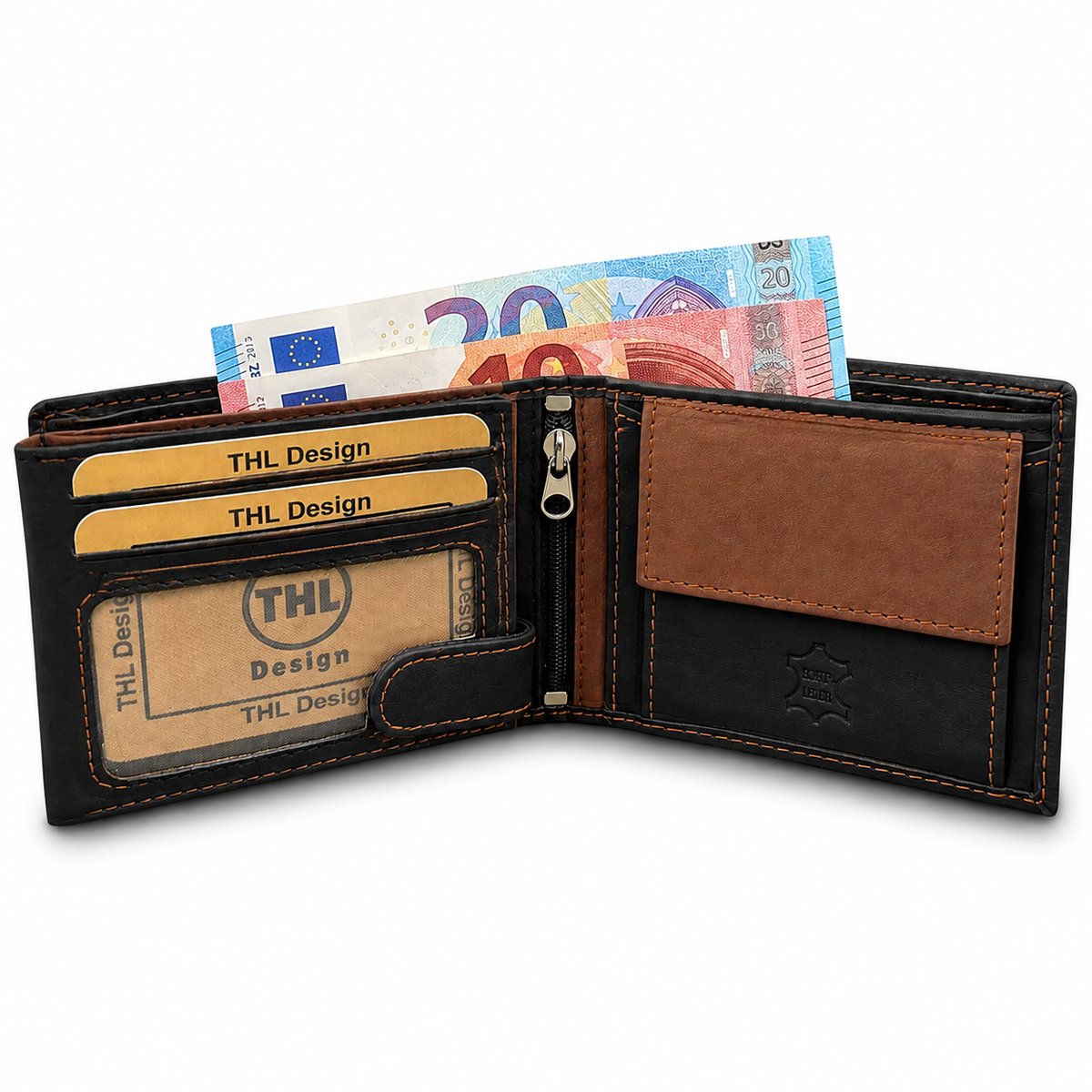 THL Design - Portemonnee Heren - Billfold - Echt Leer - 10 Pasjes - Zwart / Bruin