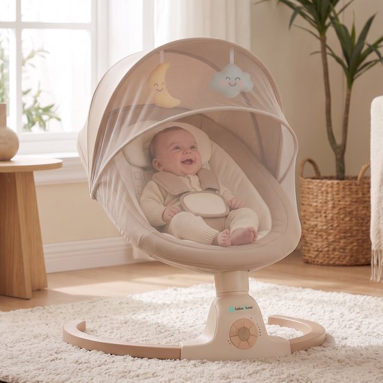 Bebe2luxe AVA Elektrische Babyschommel en Wipstoel, Bluetooth-compatibel, draagbare rustgevende babystoel met schommelbewegingen en ingebouwde geluiden (beige) — afbeelding 4